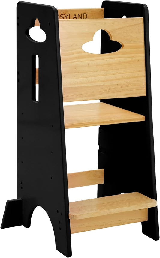 COSYLAND Toddler Standing Tower Adjustable Height - Wooden Sturdy Kitchen Step Stool - 3 Levels Adjustable Kids Learning Stool Kitchen Nursery Helper Stand (Wooden and Black)