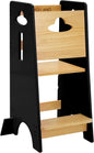 COSYLAND Toddler Standing Tower Adjustable Height - Wooden Sturdy Kitchen Step Stool - 3 Levels Adjustable Kids Learning Stool Kitchen Nursery Helper Stand (Wooden and Black)