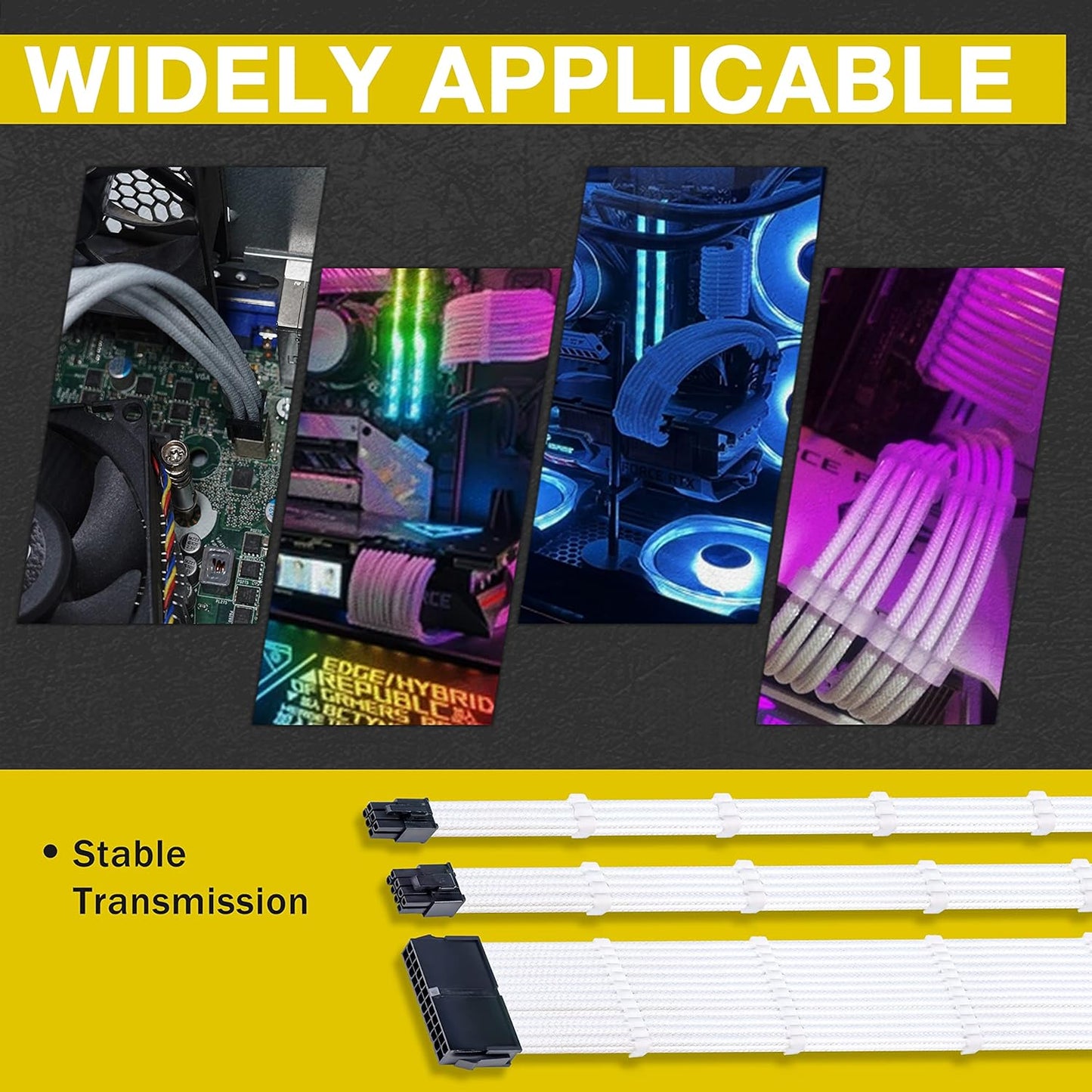 Braided ATX Sleeved Cable Extension Kit for Power Supply Cable Kit, PSU Connectors, 24 Pin, 8 Pin, 6 Pin 4 + 4 Pin, 6 Pack, with Cable Comb 24 Pieces Set 24-Pin, 8-Pin, 6-Pin (White)