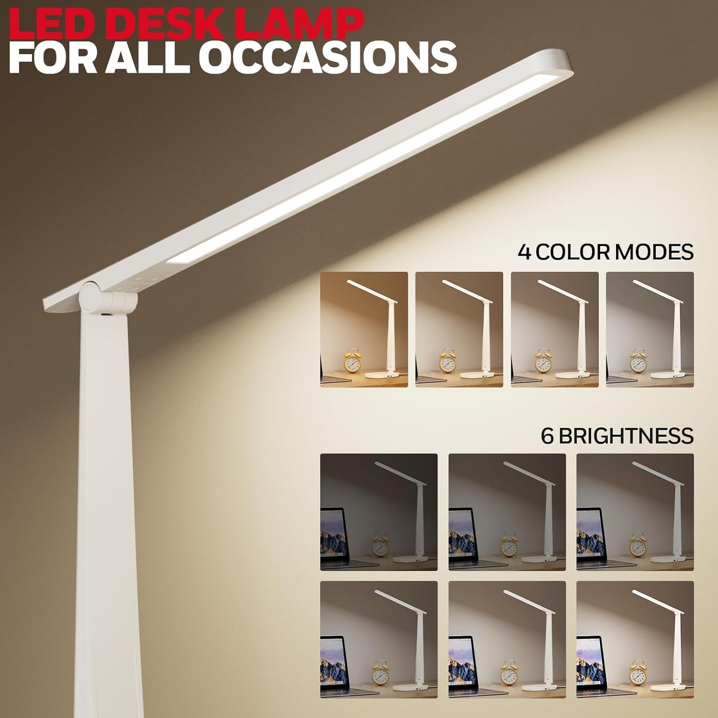 Honeywell LED Desk Lamp for Home Office, Dimmable Desk Light with USB A+C Dual Charging, 4 Modes Brightness Touch Lamp with Timer, Eye Caring Foldable Reading Light, Table Lamp for Study Nightstand