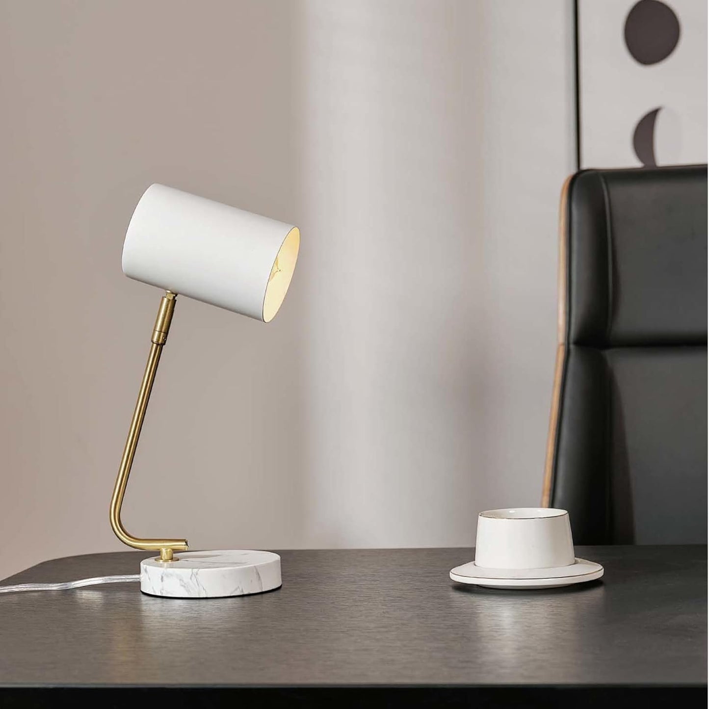 Novogratz x Globe Electric 65784 Athena 15" Desk Lamp, White Shade, Brass Arm, White Faux Marble Base