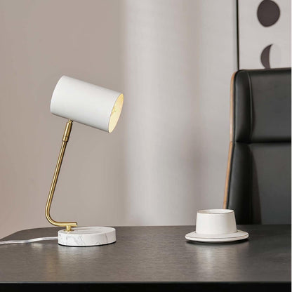 Novogratz x Globe Electric 65784 Athena 15" Desk Lamp, White Shade, Brass Arm, White Faux Marble Base