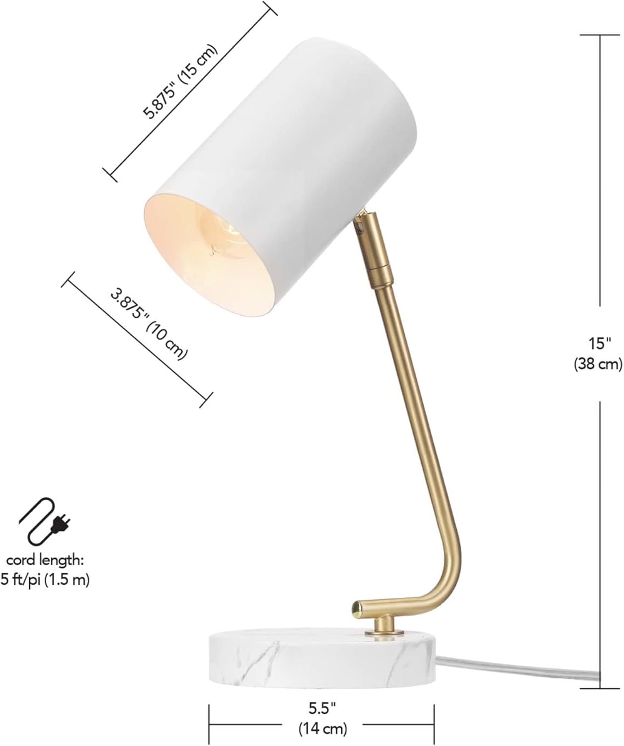 Novogratz x Globe Electric 65784 Athena 15" Desk Lamp, White Shade, Brass Arm, White Faux Marble Base