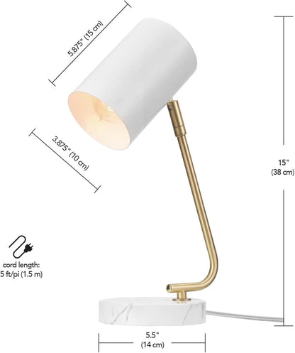 Novogratz x Globe Electric 65784 Athena 15" Desk Lamp, White Shade, Brass Arm, White Faux Marble Base
