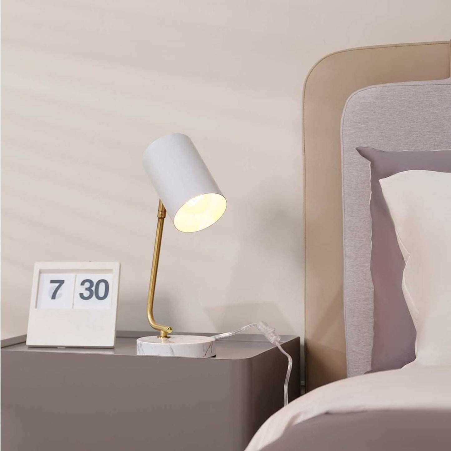 Novogratz x Globe Electric 65784 Athena 15" Desk Lamp, White Shade, Brass Arm, White Faux Marble Base