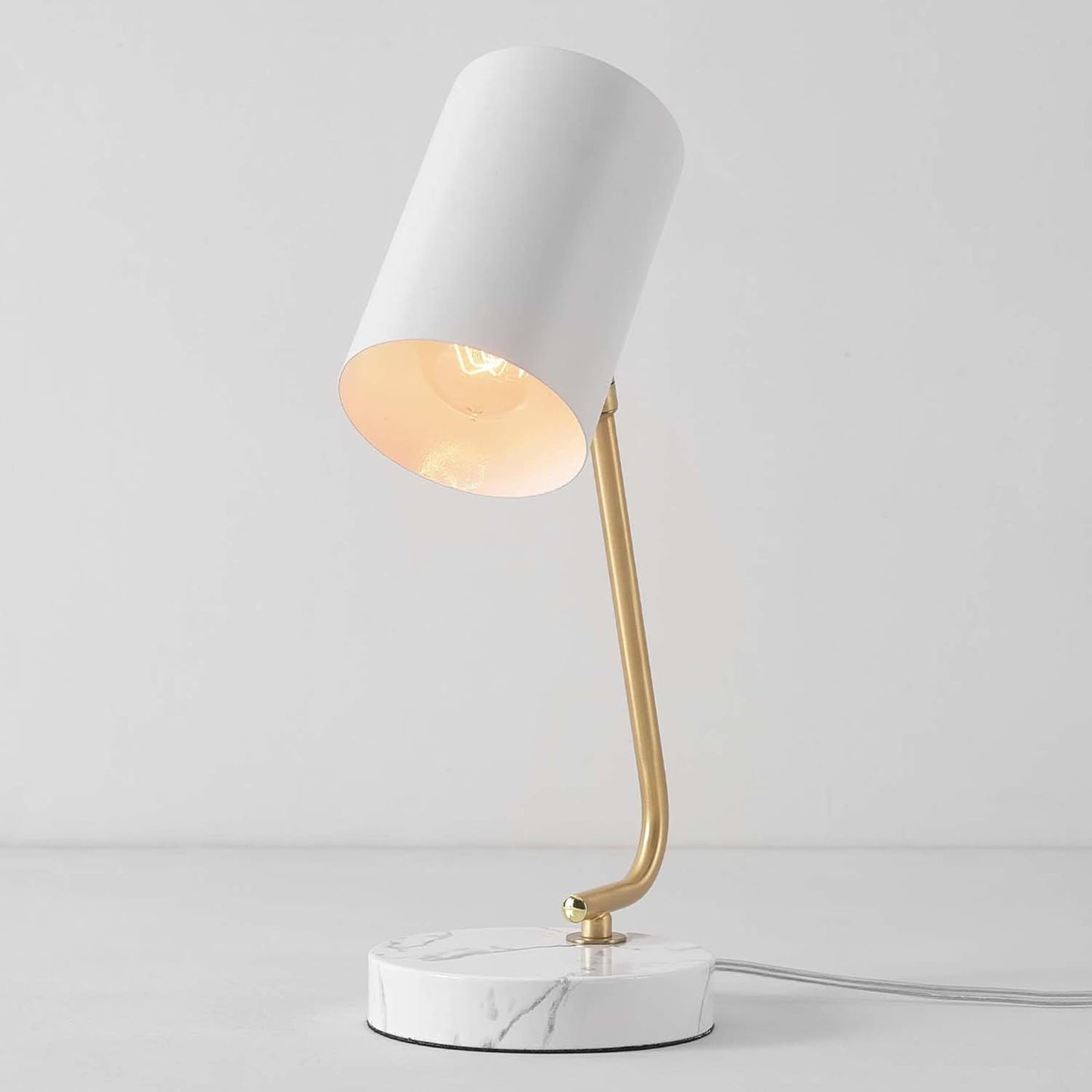 Novogratz x Globe Electric 65784 Athena 15" Desk Lamp, White Shade, Brass Arm, White Faux Marble Base