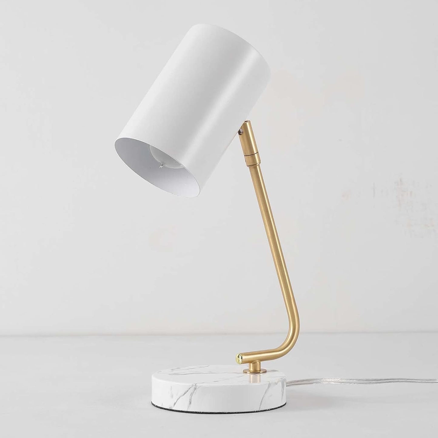 Novogratz x Globe Electric 65784 Athena 15" Desk Lamp, White Shade, Brass Arm, White Faux Marble Base