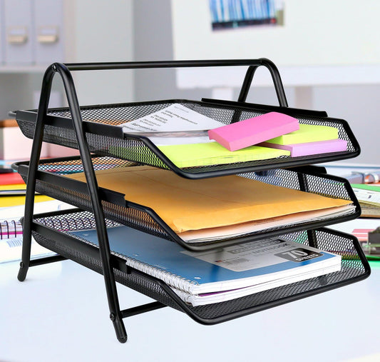 Greenco Letter Tray Desk Organizer, 3-Tier Mesh Paper Tray, Document, Letter, Office Paper Organizer, Black - PuriLite