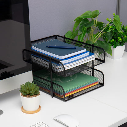 Mind Reader 2-Piece Stackable Metal Mesh Letter Tray, Desktop File Organizer, Document Holder, Magazine Storage, Black