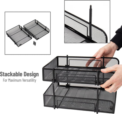 Mind Reader 2-Piece Stackable Metal Mesh Letter Tray, Desktop File Organizer, Document Holder, Magazine Storage, Black