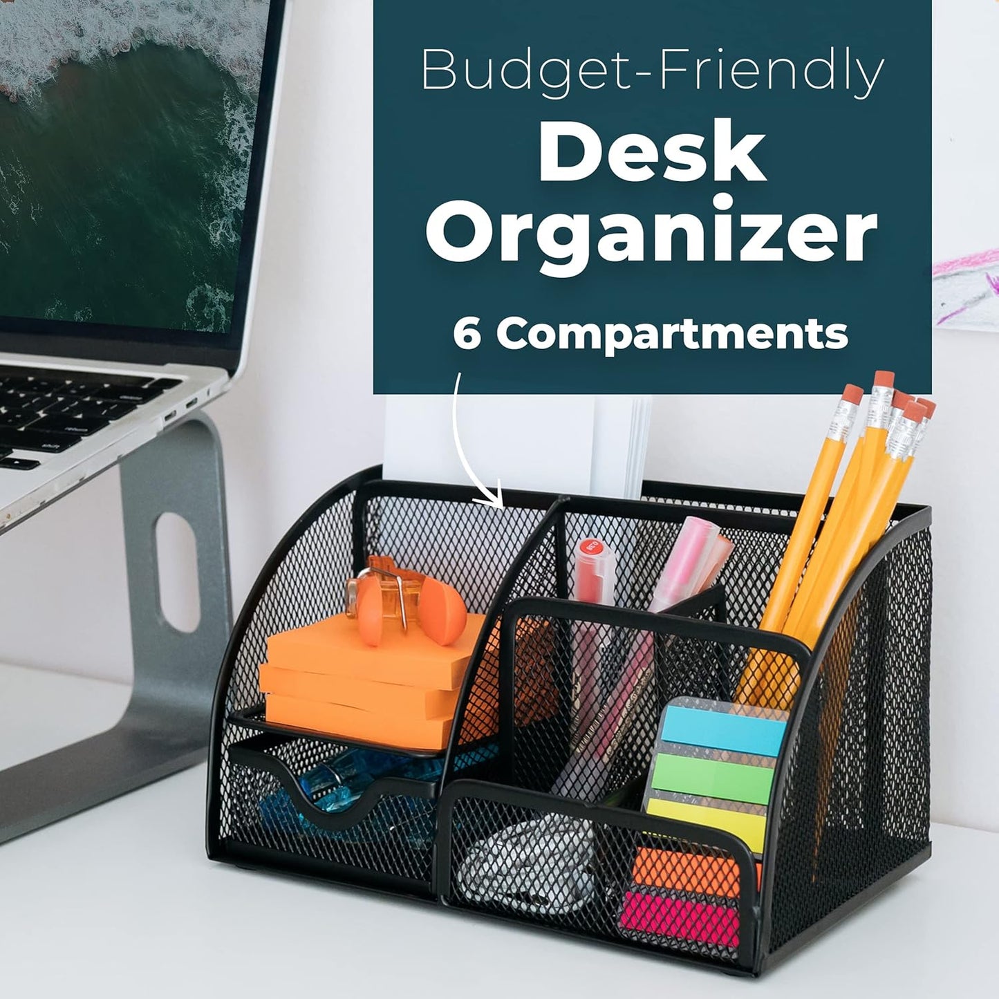 Greenco Mesh Desk Organizer Office Supplies Caddy, 6 Compartments - Black