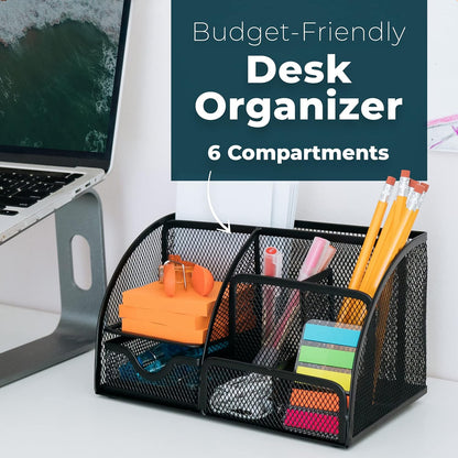 Greenco Mesh Desk Organizer Office Supplies Caddy, 6 Compartments - Black