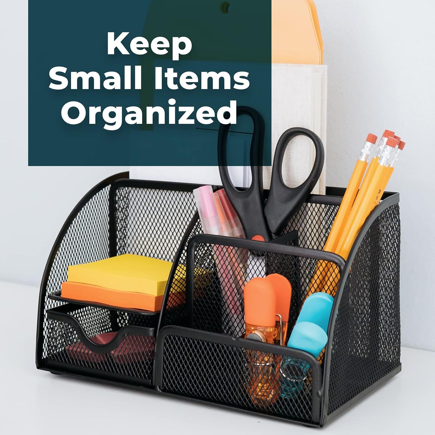 Greenco Mesh Desk Organizer Office Supplies Caddy, 6 Compartments - Black