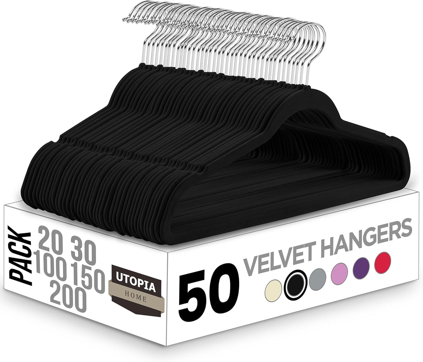 Utopia Home Pack of 50 Premium Non Slip Velvet Hangers 360 Degree rotatable Hook Durable & Slim Coat - Pant Hangers - Black