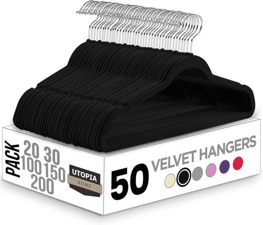Utopia Home Pack of 50 Premium Non Slip Velvet Hangers 360 Degree rotatable Hook Durable & Slim Coat - Pant Hangers - Black