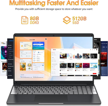 SGIN Laptop, 15.6 Inch Laptops Computer with 8GB DDR3 512GB SSD I3 Processor, Windows 11 Home, HDMI, Wi-Fi 5, 7000mAh, Numeric Keypad, USB3.0, Bluetooth4.2, Type-C(Black)