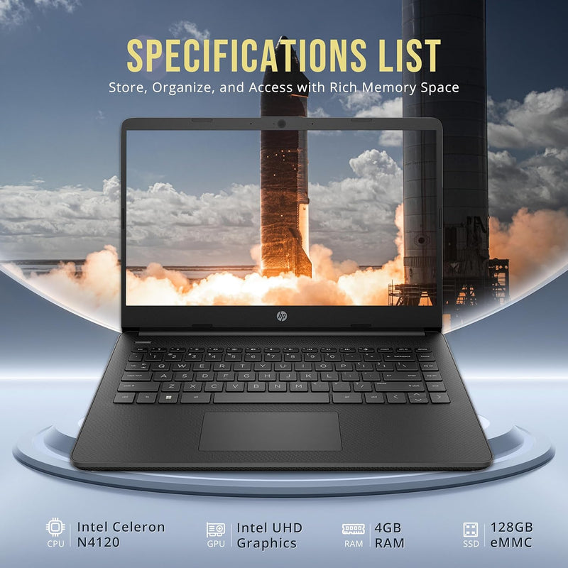 HP Stream 14" HD Laptop, Intel Celeron N4120, 4GB RAM, 128GB eMMC, Intel UHD Graphics, Webcam, 1 Year Office 365, Black, Win 11 S, 128GB Hotface USB Card