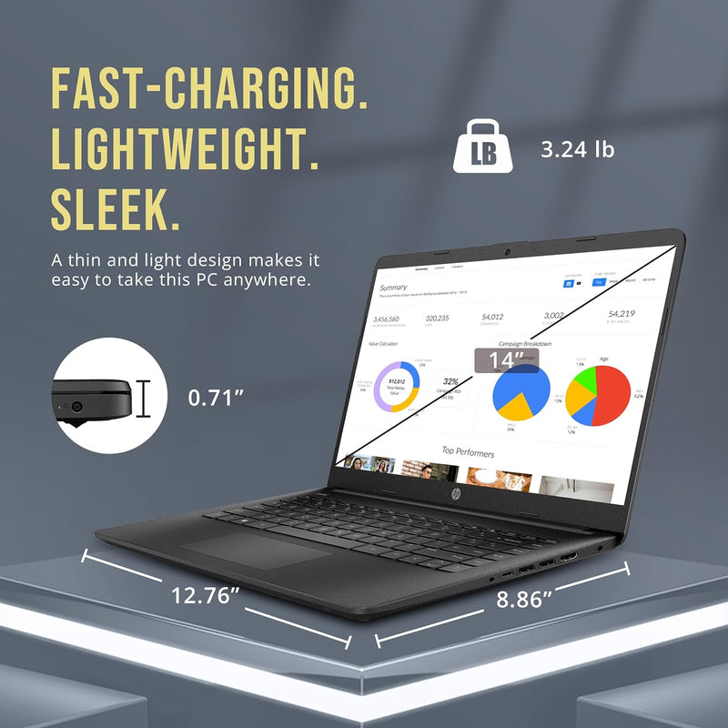 HP Stream 14" HD Laptop, Intel Celeron N4120, 4GB RAM, 128GB eMMC, Intel UHD Graphics, Webcam, 1 Year Office 365, Black, Win 11 S, 128GB Hotface USB Card