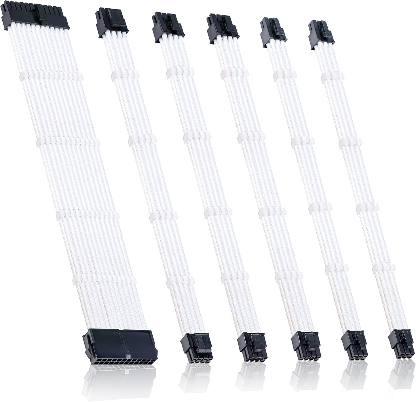 Braided ATX Sleeved Cable Extension Kit for Power Supply Cable Kit, PSU Connectors, 24 Pin, 8 Pin, 6 Pin 4 + 4 Pin, 6 Pack, with Cable Comb 24 Pieces Set 24-Pin, 8-Pin, 6-Pin (White)