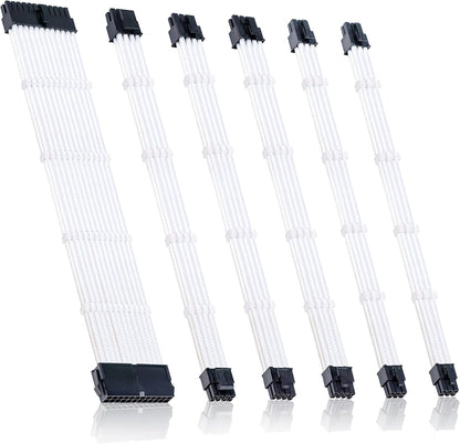 Braided ATX Sleeved Cable Extension Kit for Power Supply Cable Kit, PSU Connectors, 24 Pin, 8 Pin, 6 Pin 4 + 4 Pin, 6 Pack, with Cable Comb 24 Pieces Set 24-Pin, 8-Pin, 6-Pin (White)