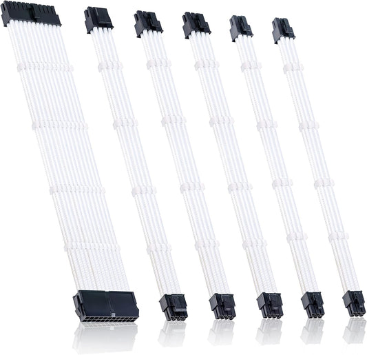 Braided ATX Sleeved Cable Extension Kit for Power Supply Cable Kit, PSU Connectors, 24 Pin, 8 Pin, 6 Pin 4 + 4 Pin, 6 Pack, with Cable Comb 24 Pieces Set 24-Pin, 8-Pin, 6-Pin (White)