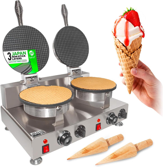 ALDKitchen Waffle Cone Maker | Commercial Ice Cream Cone Maker | Stainless Steel | Nonstick | Manual Control | 110V (2-head)