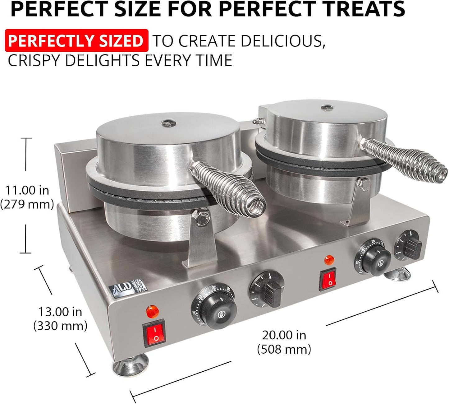 ALDKitchen Waffle Cone Maker | Commercial Ice Cream Cone Maker | Stainless Steel | Nonstick | Manual Control | 110V (2-head)