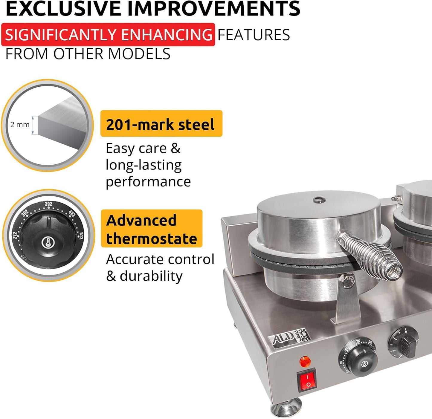 ALDKitchen Waffle Cone Maker | Commercial Ice Cream Cone Maker | Stainless Steel | Nonstick | Manual Control | 110V (2-head)