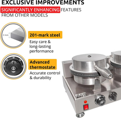 ALDKitchen Waffle Cone Maker | Commercial Ice Cream Cone Maker | Stainless Steel | Nonstick | Manual Control | 110V (2-head)