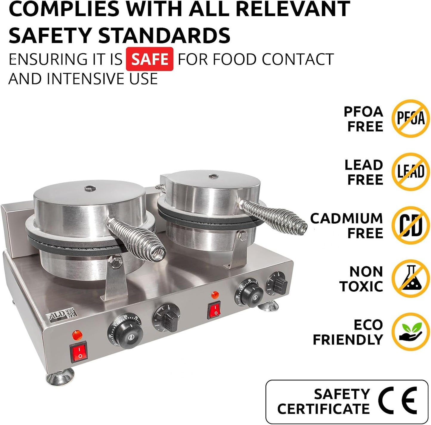 ALDKitchen Waffle Cone Maker | Commercial Ice Cream Cone Maker | Stainless Steel | Nonstick | Manual Control | 110V (2-head)