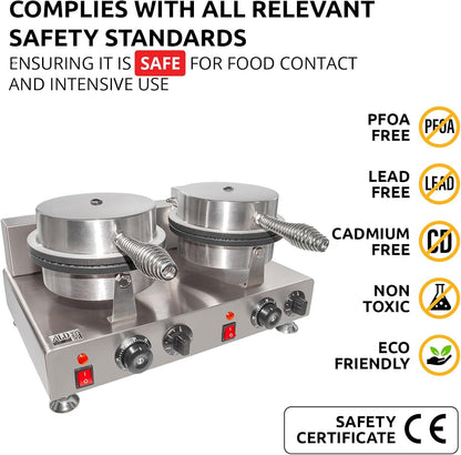 ALDKitchen Waffle Cone Maker | Commercial Ice Cream Cone Maker | Stainless Steel | Nonstick | Manual Control | 110V (2-head)