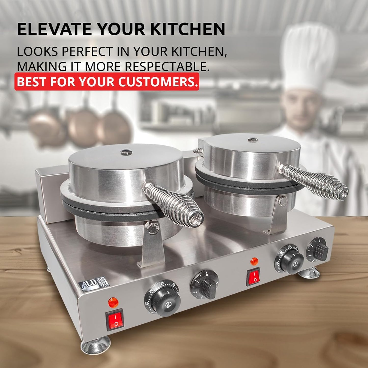 ALDKitchen Waffle Cone Maker | Commercial Ice Cream Cone Maker | Stainless Steel | Nonstick | Manual Control | 110V (2-head)