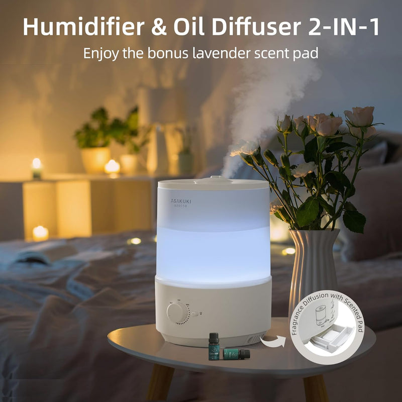 ASAKUKI Humidifiers for Bedroom, 3L Top Fill Cool Mist Air Humidifier & Aroma Diffuser with Night Light for Baby Nursery, Plants, Ultrasonic Quiet, Auto Shut-Off, BPA Free, 360° Nozzle, Easy Control