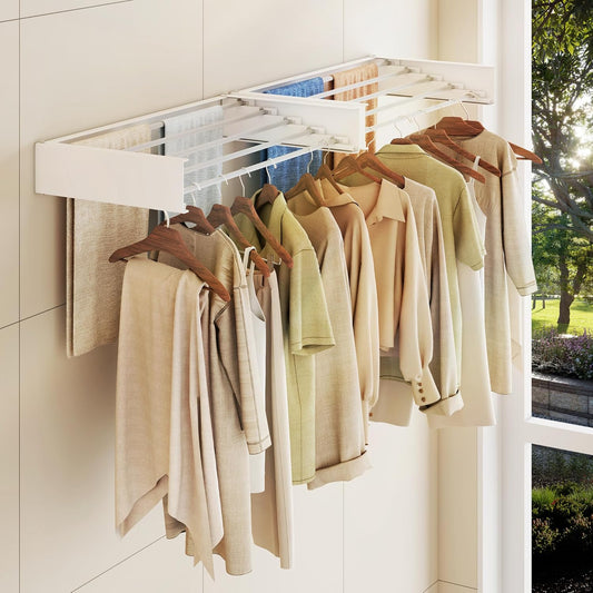 LIENAHU Drying Rack Clothing,Laundry Drying Rack Collapsible,Wall Mounted Clothes DryingRack, Laundry Rack Wall Mount,Retractable Clothing Rack,Folding Clothes Rack,5 Aluminum Rods, (White - 28") - PuriLite