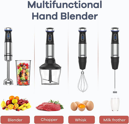 Ganiza Immersion Blender, Electric Hand Blender 800W with 15 Speed and Turbo Mode Handheld Blender Stainless Steel Blade, 5-in-1 Handheld Stick Mixer, Milk Frother, Egg Whisk, Chopper and Beaker