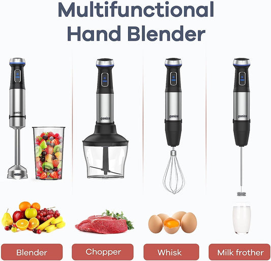 Ganiza Immersion Blender, Electric Hand Blender 800W with 15 Speed and Turbo Mode Handheld Blender Stainless Steel Blade, 5-in-1 Handheld Stick Mixer, Milk Frother, Egg Whisk, Chopper and Beaker - PuriLite