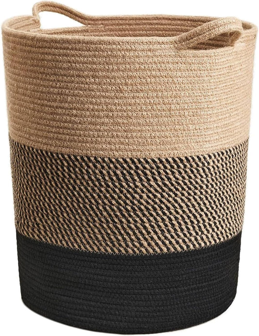 INDRESSME Large Cotton Rope Basket - Tall Laundry Basket Hamper for Dirty Clothes Woven Storage Basket for Blanket in Living Room Toy Basket for Nursery Storage, 17.8" x 15.8" x 13.8"