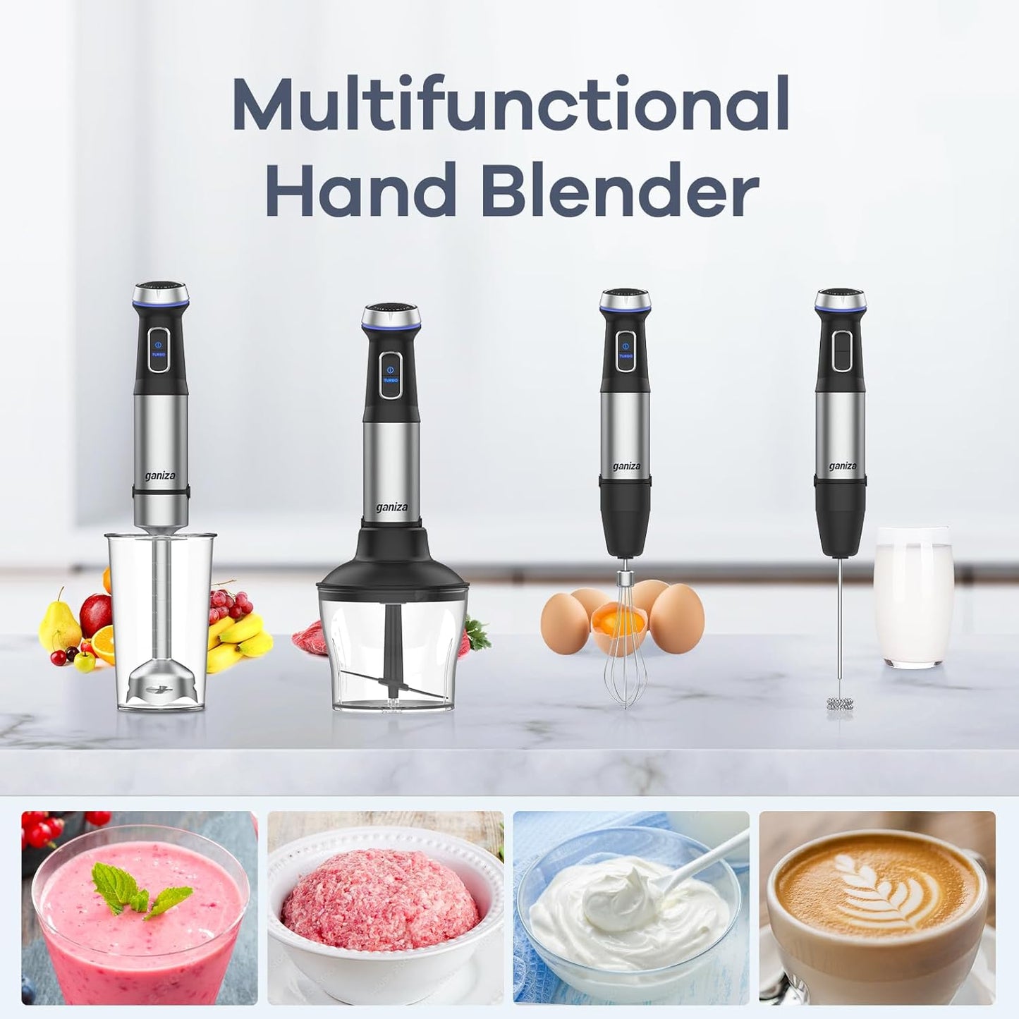 Ganiza Immersion Blender, Electric Hand Blender 800W with 15 Speed and Turbo Mode Handheld Blender Stainless Steel Blade, 5-in-1 Handheld Stick Mixer, Milk Frother, Egg Whisk, Chopper and Beaker
