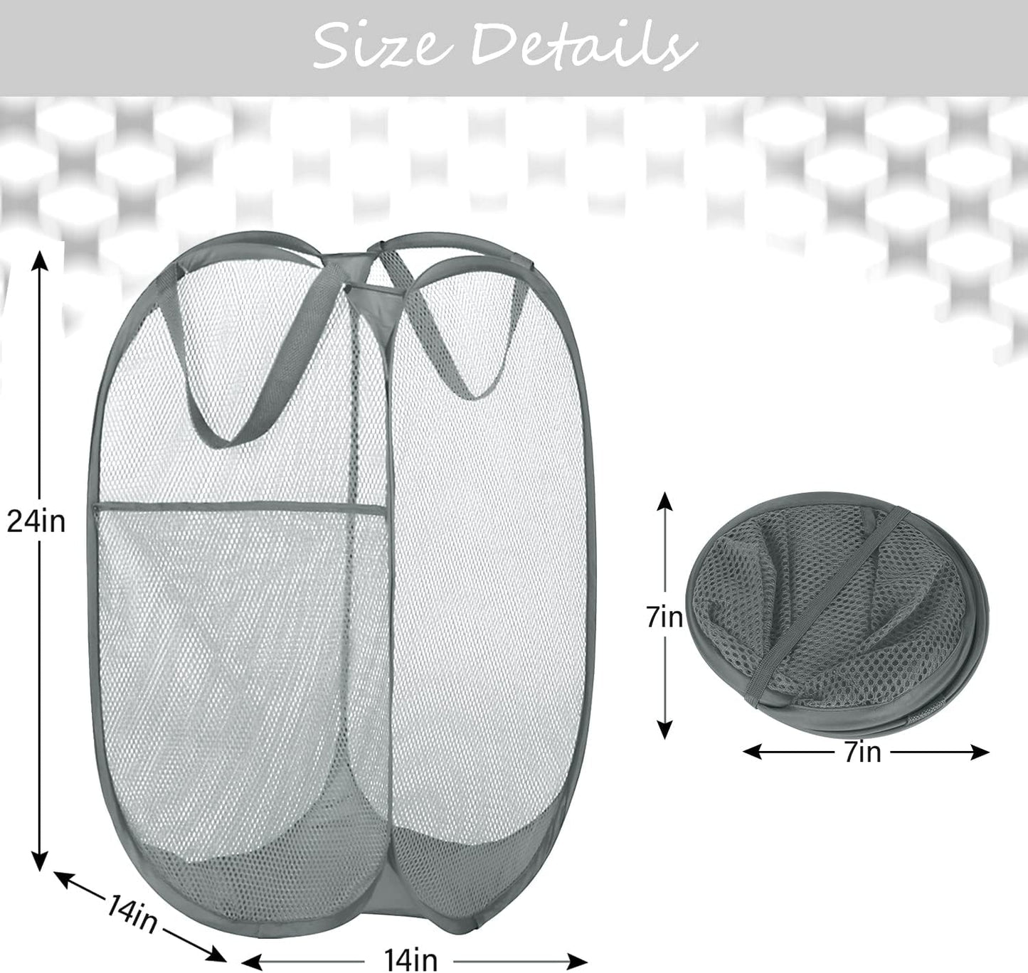 Deluxe Strong Mesh Pop up Laundry Hamper Basket with Side Pocket for Laundry Room, Bathroom, Kids Room, College Dorm or Travel Grey