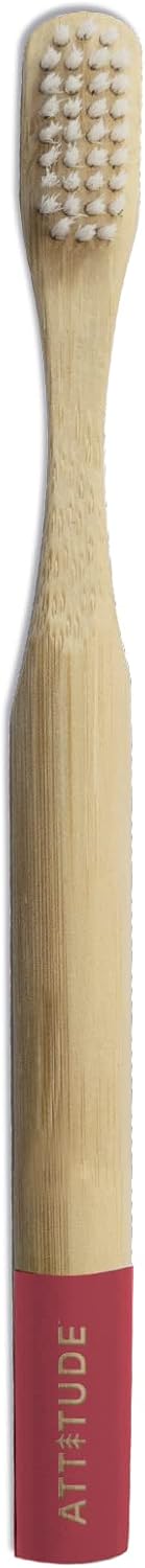 ATTITUDE Bamboo Toothbrush for Kids, Manual Toothbrushes, Soft Bristles, Vegan, Red, 1 Count
