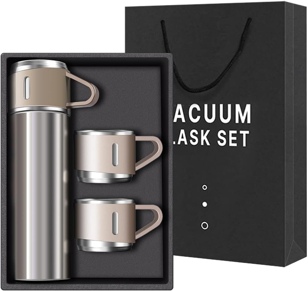 Coffee Thermos Stainless Steel Vacuum-Insulated Water Bottle, 500ml/16.9oz Insulated Bottle with Cup for Hot & Cold Drink Travel Mug (Brown, Three Cup)