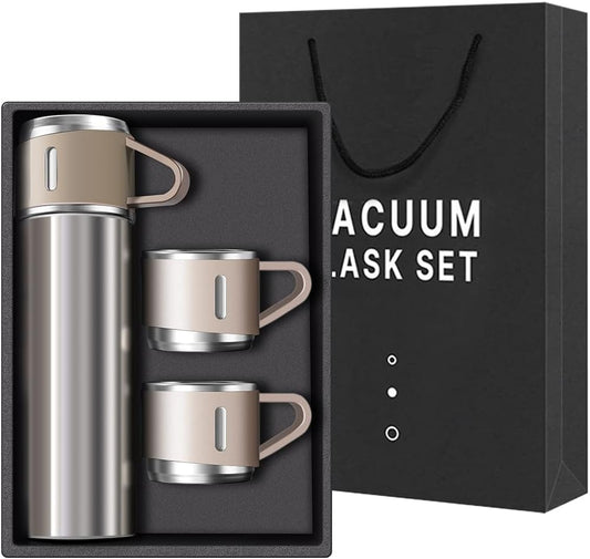Coffee Thermos Stainless Steel Vacuum-Insulated Water Bottle, 500ml/16.9oz Insulated Bottle with Cup for Hot & Cold Drink Travel Mug (Brown, Three Cup)