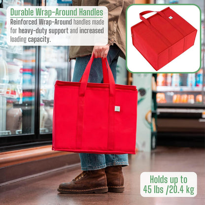 VENO 3 Pack Insulated Reusable Grocery Bag, Food Delivery Bag, Durable, Heavy Duty, Large Size, Stands Upright, Collapsible, Sturdy Zipper, Reusable and Sustainable (Red, 3 Pack)