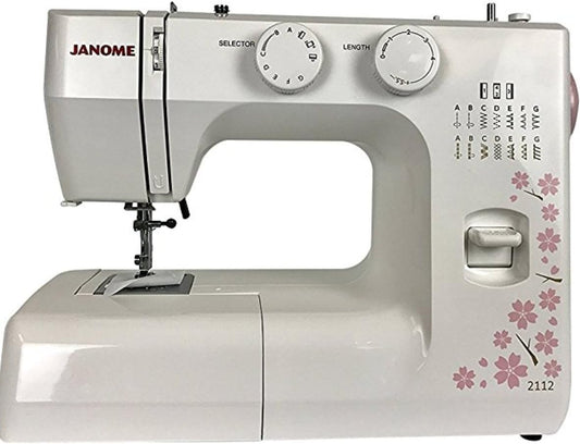 Janome 2112 Cherry Blossom Easy-to-Use Sewing Machine with 12 Stitches, Fully Adjustable Stitch Length and Width. Diamond Cut Feed Dogs for Easy Traction on all fabrics.