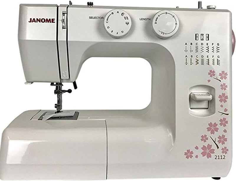 Janome 2112 Cherry Blossom Easy-to-Use Sewing Machine with 12 Stitches, Fully Adjustable Stitch Length and Width. Diamond Cut Feed Dogs for Easy Traction on all fabrics.