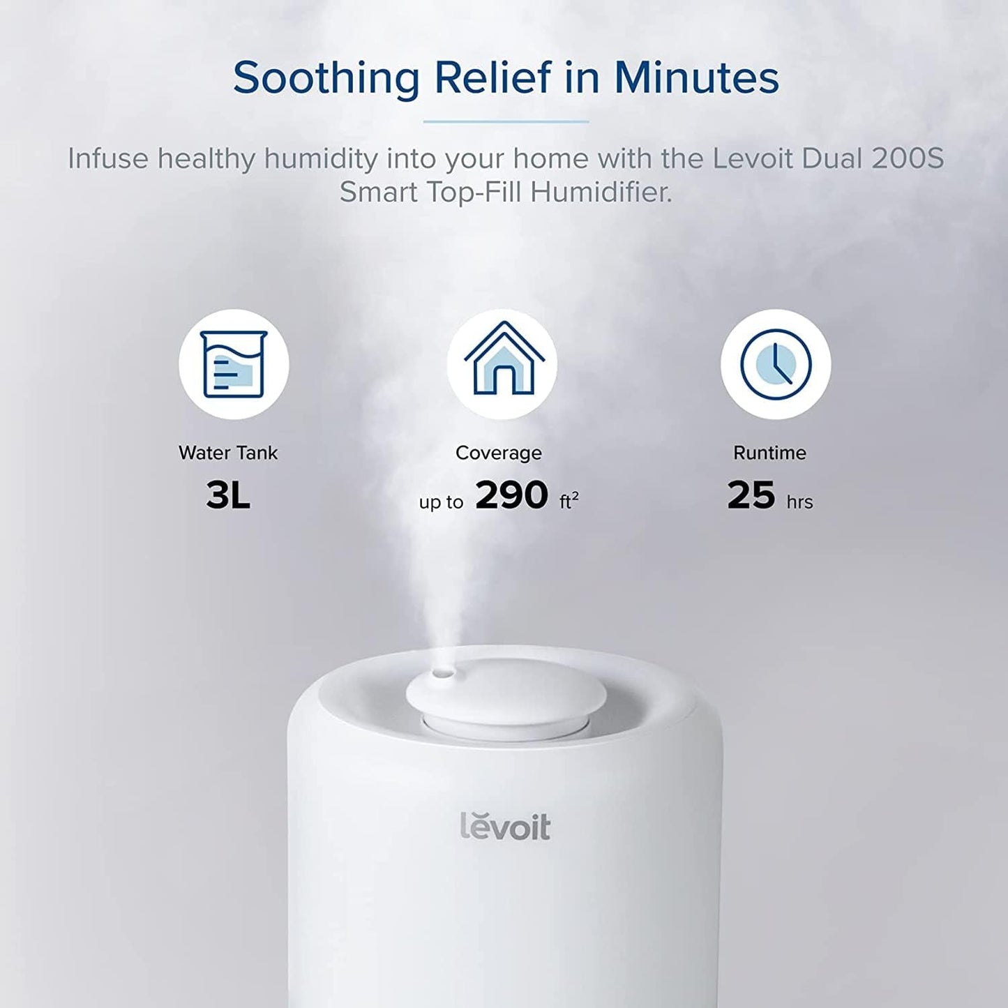 LEVOIT Humidifiers for Bedroom, Smart WiFi Alexa Control, Top Fill Cool Mist for Baby Nursery and Plants with Essential Oil Diffuser, Humidity Display, Easy Clean, Whisper Quiet Operation, 3L, White