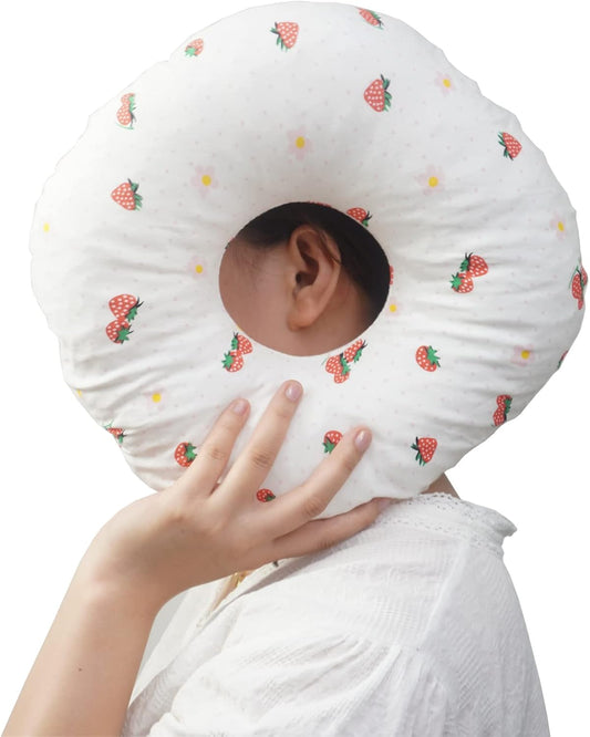 Ear Piercing Pillow for Side Sleepers With Ear Hole, 11" Donut Pillow Side Sleeping Pillow, Circle 3.5" Pillow, Small Pillow with Ear Hole for Sleeping with Earrings/earplugs (White, PP cotton))