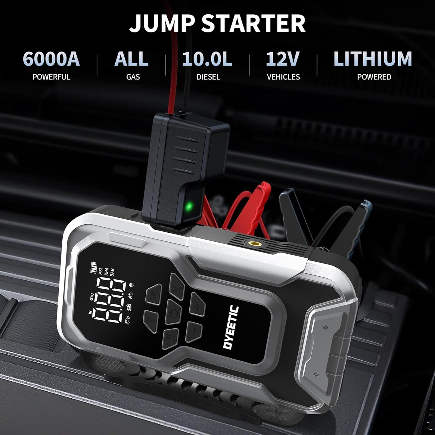 Portable Car Jump Starter with Air Compressor – 6000A 12V Jump Box – 150 PSI Tire Inflator – 21800mAh Power Bank – Digital Display & Smart Jumper Cables