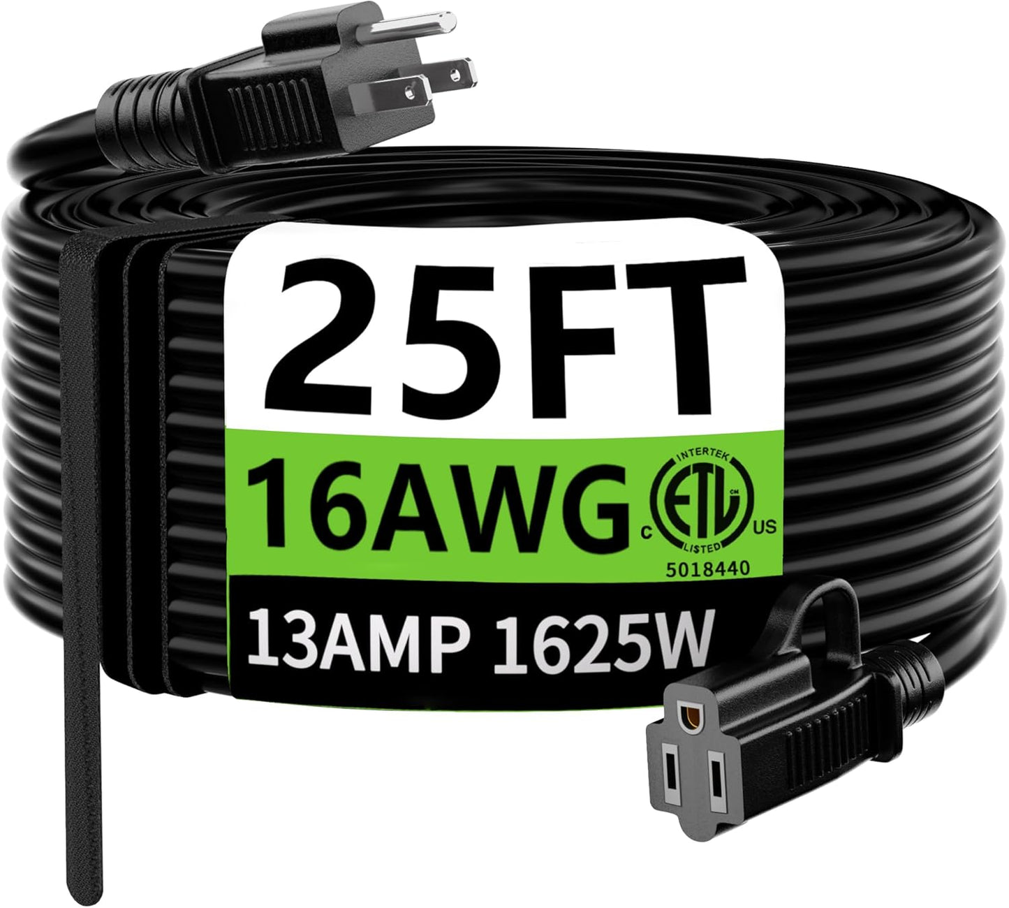HUANCHAIN Indoor Outdoor Black Extension Cord 25 ft Waterproof, 16/3 Gauge Flexible Cold-Resistant Appliance Cable Outside, 13A 1625W 16AWG SJTW, 3 Prong Heavy Duty Electric Cord, ETL