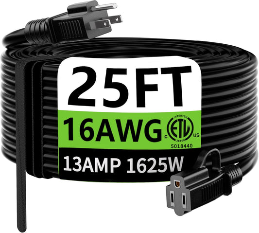 HUANCHAIN Indoor Outdoor Black Extension Cord 25 ft Waterproof, 16/3 Gauge Flexible Cold-Resistant Appliance Cable Outside, 13A 1625W 16AWG SJTW, 3 Prong Heavy Duty Electric Cord, ETL